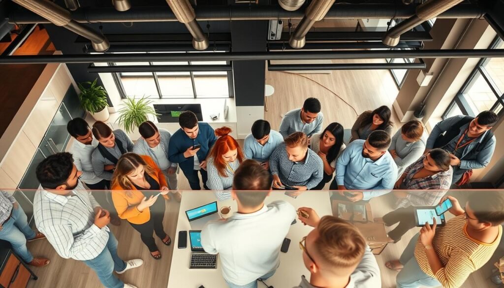 A bustling e-commerce community, captured in a vibrant, top-down perspective. In the foreground, a diverse group of individuals engage in lively discussions, sharing ideas and product insights. The middle ground showcases an array of digital devices, laptops, and smartphones, reflecting the digital nature of the community. In the background, a sleek, minimalist office environment with clean lines and modern furnishings sets the tone. Warm, natural lighting filters through large windows, creating a sense of openness and collaboration. The overall atmosphere exudes a palpable energy, reflecting the dynamic nature of this thriving e-commerce community. A bustling e-commerce community, captured in a vibrant, top-down perspective. In the foreground, a diverse group of individuals engage in lively discussions, sharing ideas and product insights. The middle ground showcases an array of digital devices, laptops, and smartphones, reflecting the digital nature of the community. In the background, a sleek, minimalist office environment with clean lines and modern furnishings sets the tone. Warm, natural lighting filters through large windows, creating a sense of openness and collaboration. The overall atmosphere exudes a palpable energy, reflecting the dynamic nature of this thriving e-commerce community.