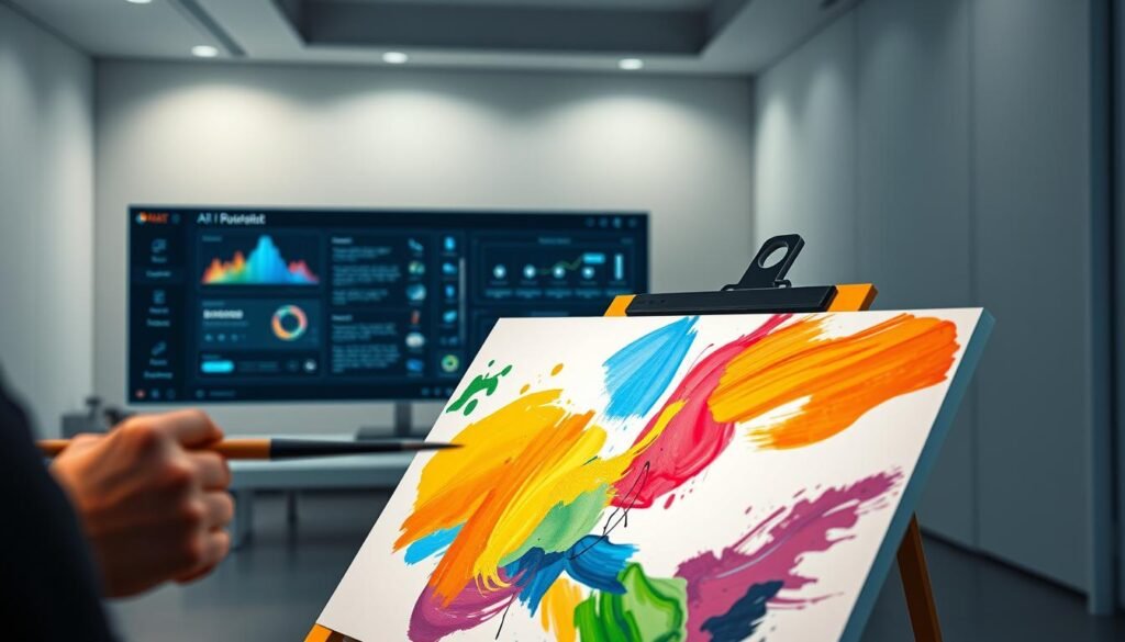 A collaborative AI system aiding in the creative process. In the foreground, an artist's digital canvas showcases vibrant brushstrokes and dynamic shapes, as if guided by an intelligent digital hand. In the middle ground, a sleek, futuristic interface displays various tools and options, harnessing the power of machine learning to offer personalized suggestions and enhancements. The background depicts a serene, minimalist environment, with subtle lighting and a sense of technological harmony, reflecting the seamless integration of AI and human creativity. The overall scene conveys a sense of enhanced artistic expression, where the boundaries between human and artificial intelligence blur, unlocking new realms of creative potential.
