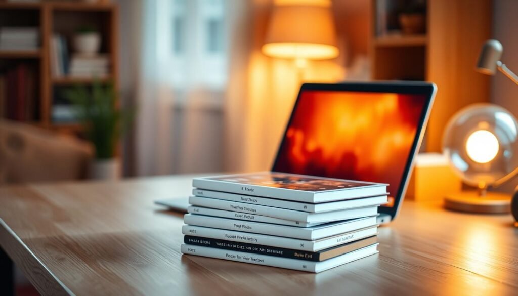 A cozy home office with a wooden desk, a laptop, and a stack of digital e-books. The e-books are displayed on the laptop screen, their digital covers shimmering with a warm, inviting glow. Soft, diffused lighting from a desk lamp creates a comfortable, focused atmosphere. The background is blurred, drawing the viewer's attention to the central digital product - the e-books, the evergreen choice for online sales. A sense of productivity and tranquility permeates the scene, showcasing the convenience and timelessness of this versatile digital good.
