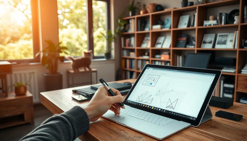 A cozy, well-lit home office with a large wooden desk, a high-quality laptop, and various digital tools and gadgets. In the foreground, a designer's hand sketches ideas on a digital drawing tablet, the screen showcasing a sleek, minimalist interface. In the middle ground, shelves display neatly organized ebooks, templates, and other digital products. The background features a large window overlooking a lush, verdant landscape, bathing the scene in a warm, natural light. The overall atmosphere conveys a sense of productivity, creativity, and the seamless integration of technology into the creative workflow. A cozy, well-lit home office with a large wooden desk, a high-quality laptop, and various digital tools and gadgets. In the foreground, a designer's hand sketches ideas on a digital drawing tablet, the screen showcasing a sleek, minimalist interface. In the middle ground, shelves display neatly organized ebooks, templates, and other digital products. The background features a large window overlooking a lush, verdant landscape, bathing the scene in a warm, natural light. The overall atmosphere conveys a sense of productivity, creativity, and the seamless integration of technology into the creative workflow.