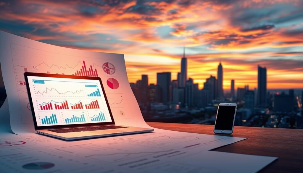 A digital marketing strategy blueprint unfolds, illuminated by a soft, warm light. In the foreground, vibrant graphs, charts, and icons dance across a sleek, minimalist interface. The middle ground showcases a stylized laptop, tablet, and smartphone, showcasing a range of digital marketing channels. In the background, a serene cityscape with towering skyscrapers and a vibrant sunset sky, symbolizing the vast potential of the digital landscape. The overall mood is one of innovation, efficiency, and the power of digital marketing to drive business growth.