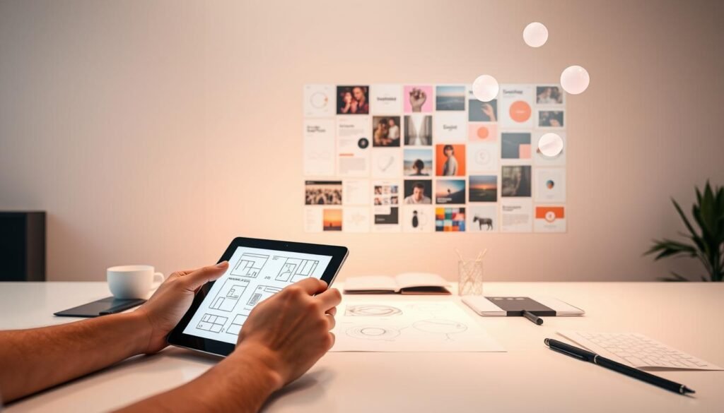 A digital product design process unfolds against a sleek, minimalist backdrop. In the foreground, a designer's hands gracefully manipulate a tablet, sketching out wireframes and user interface elements. The middle ground features an array of digital tools, from design software to prototyping platforms, all illuminated by a soft, warm light. In the background, a moodboard of inspirational images and color palettes floats ethereally, guiding the creative journey. The overall atmosphere is one of focused, methodical exploration, where innovation and user-centric thinking converge to bring a digital product to life.