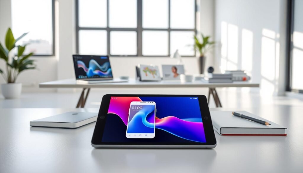 A digital product designer's workspace with a sleek, minimalist aesthetic. In the foreground, a high-resolution tablet displays a digital mockup of a mobile app interface, its elegant lines and vibrant colors capturing the essence of modern digital design. In the middle ground, a stylish desk hosts a state-of-the-art laptop and a variety of design tools, including a graphics tablet and a carefully curated collection of design books. The background features a clean, airy room with large windows that flood the space with soft, natural lighting, creating a serene and inspirational atmosphere for the creative process. The overall scene conveys a sense of focus, innovation, and the seamless integration of technology and design.