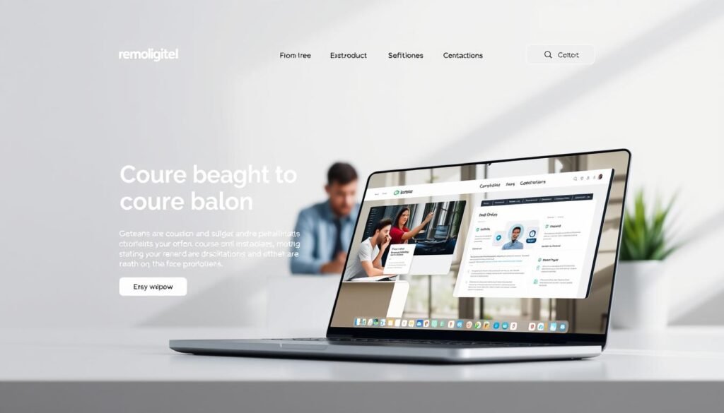 A digital product landing page with a clean, modern aesthetic. In the foreground, a sleek laptop display showcases a course and software bundle, its UI design reflecting a harmonious balance of functionality and visual appeal. The middle ground features lifestyle imagery, such as a person working intently at a desk, conveying the productive and enriching experience of using the products. The background has a minimalist, light-filled setting with soft, directional lighting, enhancing the sense of focus and professionalism. The overall mood is one of efficiency, opportunity, and the seamless integration of education and technology.