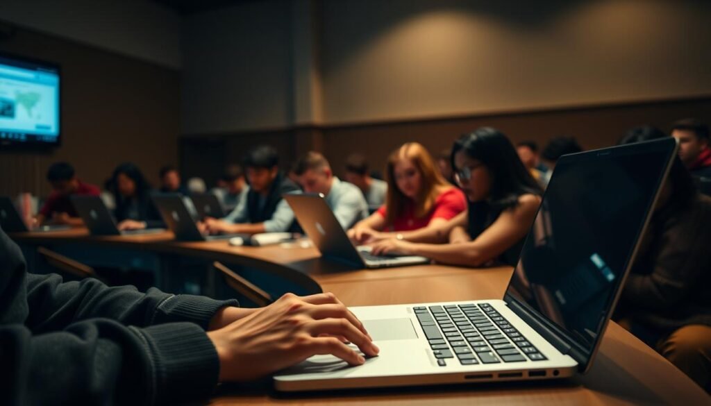A dimly lit classroom interior, students seated at individual desks, intently focused on their laptop screens. The scene is bathed in a warm, soft light, creating a contemplative atmosphere. In the foreground, a student's hands hover over the keyboard, pausing to jot down notes. In the middle ground, a diverse group of learners engages with online course materials, their expressions a mix of concentration and thoughtfulness. The background is blurred, emphasizing the central activity of digital feedback and assessment. The composition captures the essence of modern student learning, blending physical and virtual spaces seamlessly.