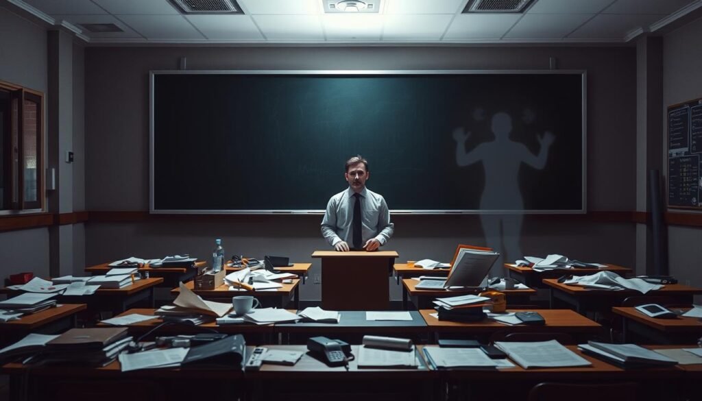 A dimly lit classroom, the chalkboard illuminated by a single spotlight. Scattered papers, books, and technological devices litter the desks, representing the disarray of integrating AI into education. The teacher, their face obscured, stands perplexed, grappling with the complexities of this transition. In the background, a hazy, undefinable figure symbolizes the uncertainty and challenges that lie ahead. The scene conveys the struggle to balance traditional teaching methods with the promises and pitfalls of AI-powered learning. A dimly lit classroom, the chalkboard illuminated by a single spotlight. Scattered papers, books, and technological devices litter the desks, representing the disarray of integrating AI into education. The teacher, their face obscured, stands perplexed, grappling with the complexities of this transition. In the background, a hazy, undefinable figure symbolizes the uncertainty and challenges that lie ahead. The scene conveys the struggle to balance traditional teaching methods with the promises and pitfalls of AI-powered learning.