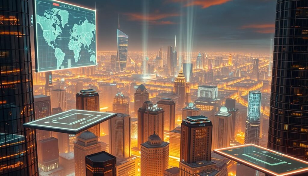 A dynamic cityscape filled with futuristic tech innovations. In the foreground, holographic displays and sleek touchscreen panels hover in the air, showcasing cutting-edge software and digital products. The middle ground features a cluster of high-rise buildings with gleaming glass facades, their windows reflecting the glow of neon-lit skyscrapers. Beams of light emanate from the structures, creating an atmospheric, cyberpunk ambiance. In the background, a sprawling metropolis stretches out, its skyline dotted with towering spires and domed structures that suggest advanced architectural and engineering breakthroughs. The scene is illuminated by a warm, diffused lighting that casts a warm, inviting glow, hinting at the transformative potential of these tech innovations.