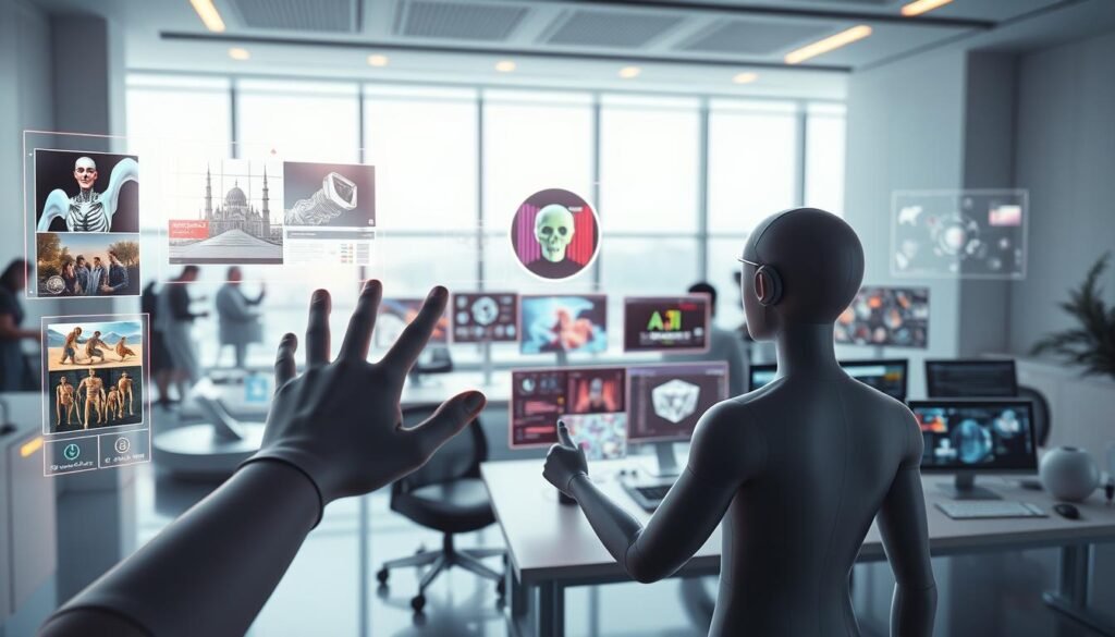 A futuristic, digitally-rendered scene depicting various AI applications for creatives. In the foreground, a 3D-modeled human figure gestures towards holographic interfaces displaying visual effects, digital art, and 3D animations. The middle ground features an array of AI-powered creative tools and software, each with distinct user interfaces. In the background, a sleek, minimalist workspace with large, floor-to-ceiling windows, bathed in cool, ambient lighting, hints at the integration of AI into the creative workflow. The overall atmosphere is one of technological advancement, seamless human-AI collaboration, and the boundless potential of AI-assisted creativity.