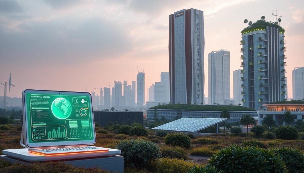A futuristic landscape showcasing eco-conscious digital innovations. In the foreground, sleek and minimalist digital devices powered by renewable energy sources. Holographic interfaces display environmental data and sustainable product designs. In the middle ground, cutting-edge data centers with efficient cooling systems and solar panels. Towering in the background, a skyline of gleaming high-rise buildings with verdant green rooftop gardens and renewable power grids. The scene is bathed in a warm, ambient light, conveying a sense of technological progress in harmony with nature. A vision of a sustainable digital future, where cutting-edge innovation meets environmental consciousness.