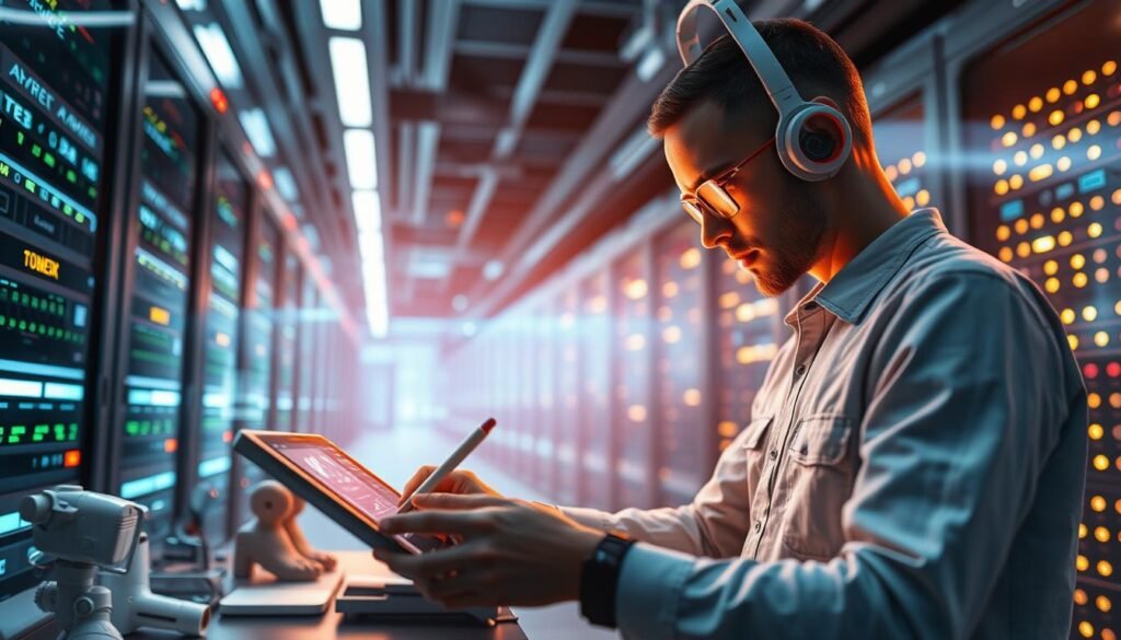 A futuristic scene of AI-driven content creation. In the foreground, a digital artist uses a tablet and stylus to manipulate 3D models and digital assets. The middle ground features a virtual assistant powered by natural language processing, providing insights and suggestions to enhance the creative process. In the background, a server farm hums with the activity of machine learning algorithms, crunching data to generate personalized content recommendations. Soft, indirect lighting illuminates the scene, creating a sense of technological elegance. The overall atmosphere conveys the seamless integration of human creativity and AI-powered tools, revolutionizing the way digital products and online courses are conceived and brought to life.