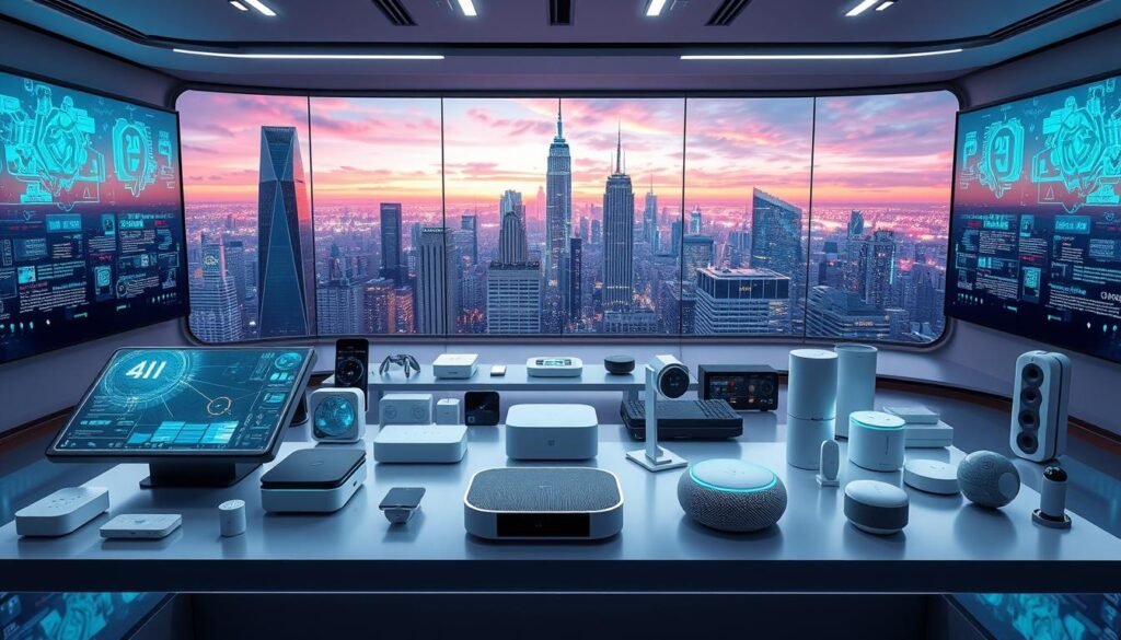 A futuristic scene of innovative AI-powered digital products, showcased in a sleek and modern tech showroom. In the foreground, holographic interfaces and interactive displays showcase the latest AI-driven features and capabilities. In the middle ground, a diverse range of seamlessly integrated AI-powered devices, from smart home hubs to personal assistants, are arranged in a visually striking, minimalist display. The background features a panoramic cityscape, with towering skyscrapers and a vibrant, neon-lit skyline, hinting at the urban, high-tech environment where these cutting-edge AI products thrive. The overall mood is one of technological sophistication, innovation, and a glimpse into the future of AI-powered digital products. A futuristic scene of innovative AI-powered digital products, showcased in a sleek and modern tech showroom. In the foreground, holographic interfaces and interactive displays showcase the latest AI-driven features and capabilities. In the middle ground, a diverse range of seamlessly integrated AI-powered devices, from smart home hubs to personal assistants, are arranged in a visually striking, minimalist display. The background features a panoramic cityscape, with towering skyscrapers and a vibrant, neon-lit skyline, hinting at the urban, high-tech environment where these cutting-edge AI products thrive. The overall mood is one of technological sophistication, innovation, and a glimpse into the future of AI-powered digital products.