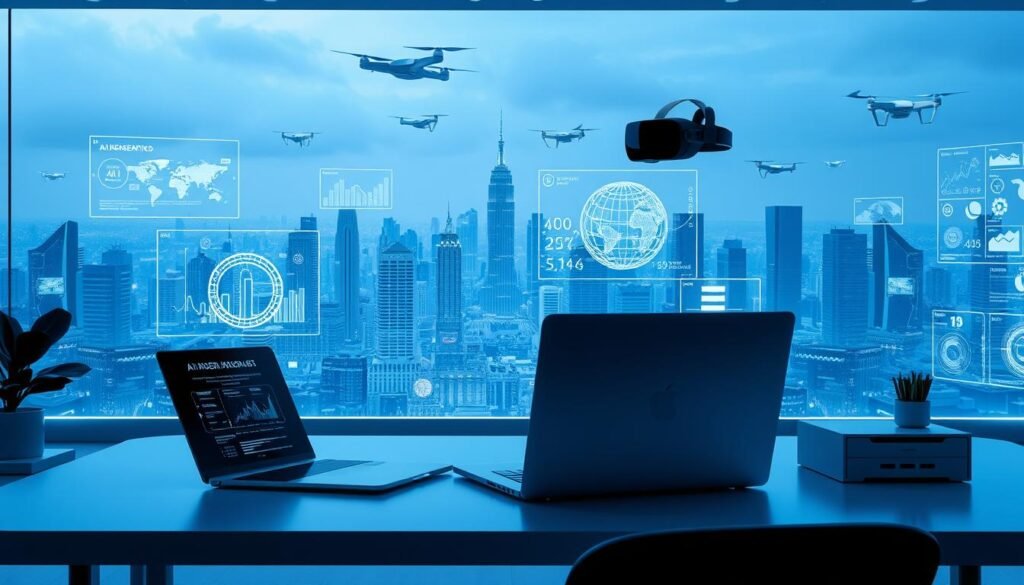 A futuristic workspace filled with AI-powered digital products. In the foreground, a sleek, minimalist workstation with a cutting-edge laptop, a digital tablet, and a state-of-the-art headset, all seamlessly integrated. The middle ground features hovering holographic displays showcasing AI-generated content, from interactive infographics to dynamic 3D visualizations. In the background, a panoramic view of a cityscape, with skyscrapers and drones gliding through the air, creating a sense of a high-tech, innovative environment. The lighting is a cool, blue-toned palette, emphasizing the technological aesthetic. The overall mood is one of efficiency, creativity, and the transformative power of AI in content creation. A futuristic workspace filled with AI-powered digital products. In the foreground, a sleek, minimalist workstation with a cutting-edge laptop, a digital tablet, and a state-of-the-art headset, all seamlessly integrated. The middle ground features hovering holographic displays showcasing AI-generated content, from interactive infographics to dynamic 3D visualizations. In the background, a panoramic view of a cityscape, with skyscrapers and drones gliding through the air, creating a sense of a high-tech, innovative environment. The lighting is a cool, blue-toned palette, emphasizing the technological aesthetic. The overall mood is one of efficiency, creativity, and the transformative power of AI in content creation.