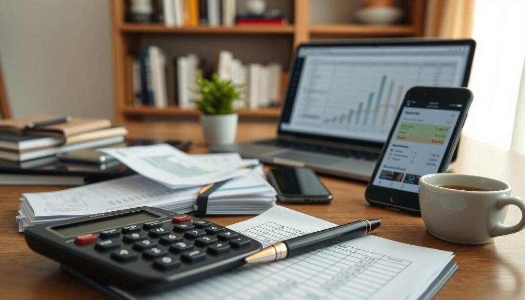 A high-angle close-up shot of an assortment of top-rated financial tools for creative projects. In the foreground, a desktop calculator, a stack of neatly organized receipts, and a pen resting on a financial ledger. In the middle ground, a laptop displaying a spreadsheet, a smartphone with a budgeting app open, and a cup of coffee. The background features a tasteful bookshelf with business and accounting books, and a small potted plant adding a touch of greenery. The lighting is soft and natural, creating a productive and organized atmosphere. The overall scene conveys a sense of efficiency and control over the financial aspects of creative endeavors.