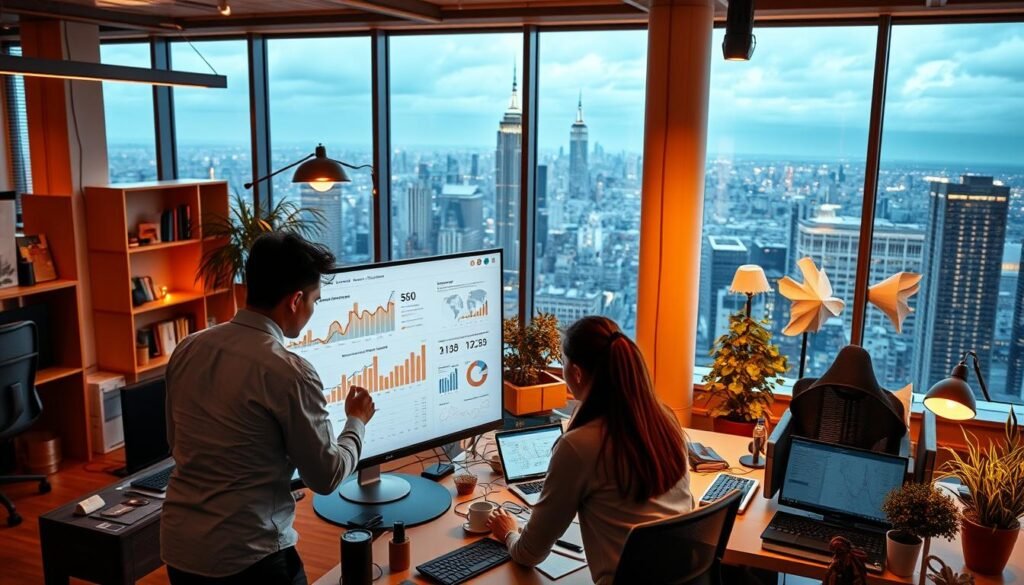 A high-quality digital marketing agency office, filled with modern decor and bustling with activity. In the foreground, a team of professionals collaborates on a large, sleek computer screen, analyzing search engine optimization (SEO) metrics and strategies. The middle ground showcases an array of digital devices and analytics tools, conveying the technical expertise required for effective online business. The background features an expansive city skyline visible through floor-to-ceiling windows, symbolizing the global reach of the digital landscape. Warm, focused lighting and a dynamic, energetic atmosphere permeate the scene, highlighting the importance of SEO in driving the success of this online business. A high-quality digital marketing agency office, filled with modern decor and bustling with activity. In the foreground, a team of professionals collaborates on a large, sleek computer screen, analyzing search engine optimization (SEO) metrics and strategies. The middle ground showcases an array of digital devices and analytics tools, conveying the technical expertise required for effective online business. The background features an expansive city skyline visible through floor-to-ceiling windows, symbolizing the global reach of the digital landscape. Warm, focused lighting and a dynamic, energetic atmosphere permeate the scene, highlighting the importance of SEO in driving the success of this online business.