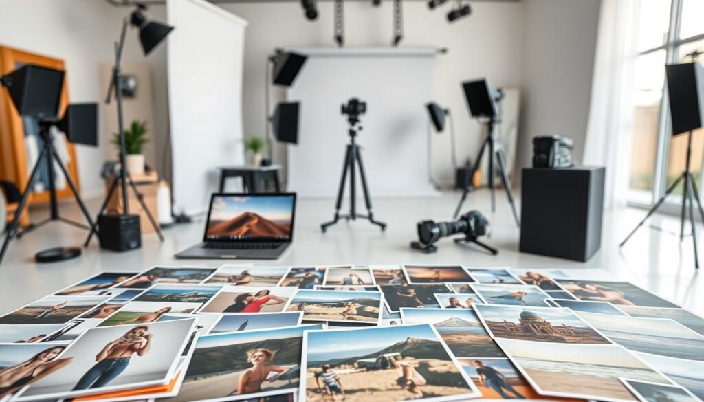A high-quality stock photography scene, capturing a range of visual assets for digital products. In the foreground, a diverse selection of stock images showcasing various niches: fashion, technology, travel, and more. Arranged neatly, conveying a sense of organization and professionalism. In the middle ground, a modern, minimalist workspace with a laptop, camera, and other photography equipment, hinting at the behind-the-scenes process. The background features a clean, bright studio setup with seamless backdrops, natural lighting, and reflective surfaces, creating a crisp, commercial aesthetic. The overall mood is one of creativity, productivity, and the abundance of visual content for online enterprises.