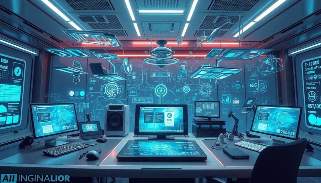 A high-tech digital workstation bathed in cool, futuristic lighting. An array of advanced tools and interfaces hover in mid-air, emanating a sense of technological sophistication. Sleek, minimalist design with clean lines and a neutral color palette creates an atmosphere of streamlined efficiency. Holographic displays, touchscreen controls, and dynamic visualizations populate the foreground, while the background suggests a vast, interconnected digital realm. The overall scene conveys the power, precision, and innovative potential of AI-powered digital products for creative professionals. A high-tech digital workstation bathed in cool, futuristic lighting. An array of advanced tools and interfaces hover in mid-air, emanating a sense of technological sophistication. Sleek, minimalist design with clean lines and a neutral color palette creates an atmosphere of streamlined efficiency. Holographic displays, touchscreen controls, and dynamic visualizations populate the foreground, while the background suggests a vast, interconnected digital realm. The overall scene conveys the power, precision, and innovative potential of AI-powered digital products for creative professionals.