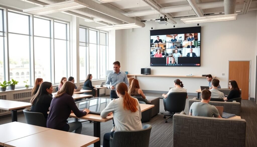 A modern hybrid learning environment, with students gathered in a bright, airy classroom. The space features a mix of traditional desks and comfortable lounge seating, with large windows allowing natural light to flood in. In the foreground, a group of students collaborates around a interactive touchscreen display, while others work independently on laptops. In the middle ground, the teacher moves between students, providing guidance and feedback. In the background, a virtual conference call is projected on a large screen, allowing remote participants to seamlessly engage. The overall atmosphere is one of focused productivity, with a sense of flexibility and technological integration. A modern hybrid learning environment, with students gathered in a bright, airy classroom. The space features a mix of traditional desks and comfortable lounge seating, with large windows allowing natural light to flood in. In the foreground, a group of students collaborates around a interactive touchscreen display, while others work independently on laptops. In the middle ground, the teacher moves between students, providing guidance and feedback. In the background, a virtual conference call is projected on a large screen, allowing remote participants to seamlessly engage. The overall atmosphere is one of focused productivity, with a sense of flexibility and technological integration.