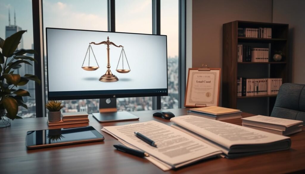 A modern office workspace with a large computer monitor displaying legal documents and scales of justice. The foreground features a desk with a tablet, stylus, and a stack of legal papers. The middle ground shows a bookshelf with legal reference books and a framed certificate. The background has a window overlooking a bustling city skyline, with a warm, diffused lighting creating a professional and authoritative atmosphere. The overall composition conveys the careful legal considerations needed for selling digital goods, such as ebooks, templates, and other downloadable content. A modern office workspace with a large computer monitor displaying legal documents and scales of justice. The foreground features a desk with a tablet, stylus, and a stack of legal papers. The middle ground shows a bookshelf with legal reference books and a framed certificate. The background has a window overlooking a bustling city skyline, with a warm, diffused lighting creating a professional and authoritative atmosphere. The overall composition conveys the careful legal considerations needed for selling digital goods, such as ebooks, templates, and other downloadable content.