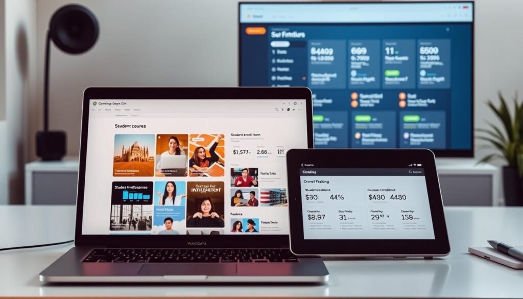 A modern, sleek e-learning platform comparison displayed on a minimalist workspace. In the foreground, a laptop showcases various course thumbnails and metrics, backlit by warm, natural lighting. The middle ground features a tablet displaying student enrollment and course completion statistics, while the background has a large monitor showcasing platform features and pricing options. The overall scene conveys a sense of professionalism, scalability, and growth potential for online course providers. A modern, sleek e-learning platform comparison displayed on a minimalist workspace. In the foreground, a laptop showcases various course thumbnails and metrics, backlit by warm, natural lighting. The middle ground features a tablet displaying student enrollment and course completion statistics, while the background has a large monitor showcasing platform features and pricing options. The overall scene conveys a sense of professionalism, scalability, and growth potential for online course providers.