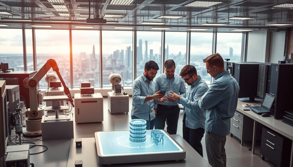 A modern, sleek product development laboratory, with a focus on cutting-edge technology. In the foreground, a team of engineers and designers huddled around a 3D holographic display, meticulously refining a new product prototype. The middle ground showcases various tools and equipment, including a robotic arm, a 3D printer, and a bank of high-performance computers. The background is a panoramic view of the city skyline, symbolizing the integration of urban innovation. Soft, indirect lighting casts a warm, futuristic glow, and the overall atmosphere conveys a sense of progressive, collaborative R&D. A modern, sleek product development laboratory, with a focus on cutting-edge technology. In the foreground, a team of engineers and designers huddled around a 3D holographic display, meticulously refining a new product prototype. The middle ground showcases various tools and equipment, including a robotic arm, a 3D printer, and a bank of high-performance computers. The background is a panoramic view of the city skyline, symbolizing the integration of urban innovation. Soft, indirect lighting casts a warm, futuristic glow, and the overall atmosphere conveys a sense of progressive, collaborative R&D.