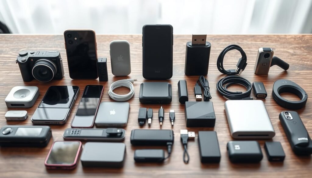 A neatly organized display of various digital gadgets and micro-devices, each with a sleek, modern design. The foreground showcases an array of compact electronics, including a miniature camera, a sleek smartphone, a tiny handheld gaming console, and a slim, wireless earpiece. The middle ground features a selection of USB charging cables, adapters, and a compact power bank, all arranged in a visually appealing manner. The background subtly suggests a minimalist workspace or home office setting, with hints of natural light and a clean, uncluttered atmosphere. The overall scene conveys a sense of technological advancement, efficiency, and the potential for passive income generation through the sale of these micro digital products.