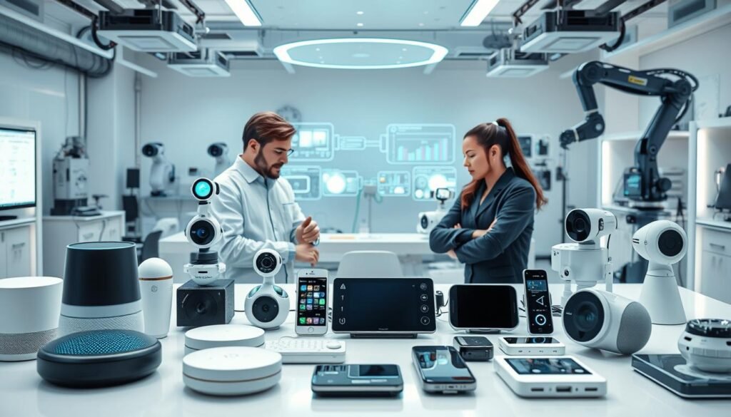 A research lab showcasing the latest AI-powered digital products. In the foreground, a sleek display of various smart devices - from virtual assistants and home automation controllers to AI-powered cameras and wearable tech. The middle ground features engineers and developers testing and refining these cutting-edge solutions, their expressions focused as they analyze performance data. The background depicts a futuristic workspace, with holographic interfaces, robotic arms, and a clean, minimalist aesthetic. Soft, cool-toned lighting illuminates the scene, creating an atmosphere of innovation and technological progress. The overall mood is one of possibility, as these AI-infused products represent the next frontier of digital experiences. A research lab showcasing the latest AI-powered digital products. In the foreground, a sleek display of various smart devices - from virtual assistants and home automation controllers to AI-powered cameras and wearable tech. The middle ground features engineers and developers testing and refining these cutting-edge solutions, their expressions focused as they analyze performance data. The background depicts a futuristic workspace, with holographic interfaces, robotic arms, and a clean, minimalist aesthetic. Soft, cool-toned lighting illuminates the scene, creating an atmosphere of innovation and technological progress. The overall mood is one of possibility, as these AI-infused products represent the next frontier of digital experiences.