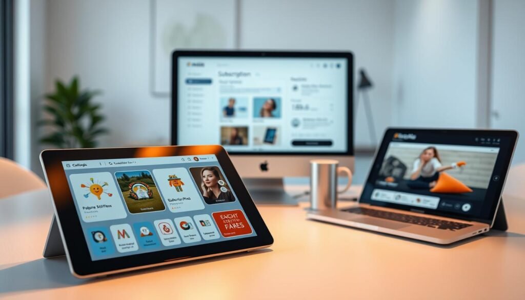 A serene and modern digital device display showcasing a variety of subscription offerings. In the foreground, a sleek tablet or smartphone presents visually appealing app icons and subscription plans, bathed in soft, warm lighting. The middle ground features a laptop or desktop computer with a minimalist user interface, highlighting subscription management tools. In the background, a minimalist office space with clean lines, neutral colors, and subtle textures creates a calming, professional atmosphere. The overall composition conveys the convenience, flexibility, and value of subscription-based digital products for the modern consumer.