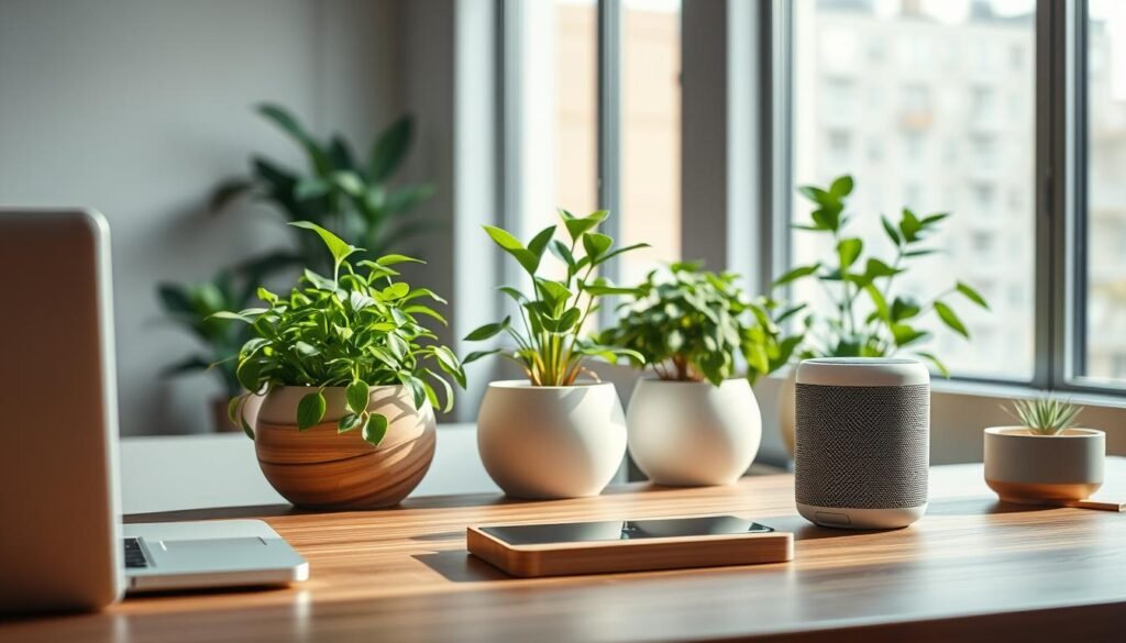 A serene, eco-friendly digital workspace. In the foreground, various sustainable digital devices such as a bamboo-cased laptop, a wireless charging pad made from recycled plastic, and a stylish yet functional smart speaker with a sleek, minimalist design. The middle ground features lush, verdant plants thriving in modern planters, creating a calming, nature-inspired ambiance. Soft, natural lighting filters through large windows, illuminating the scene with a warm, inviting glow. In the background, a muted, earthy color palette and clean, modern architectural elements convey a sense of harmony between technology and the environment.