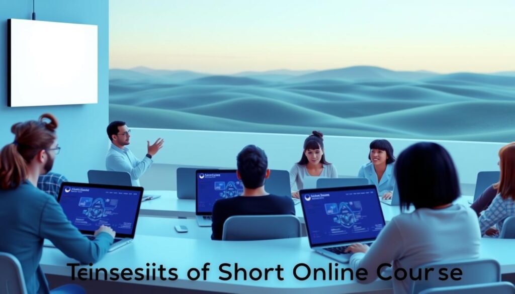 A serene online classroom with students attending virtual lessons on their laptops, surrounded by a soothing palette of blues and greens. In the foreground, a teacher's avatar is delivering a dynamic lecture, their face illuminated by the warm glow of a softbox light. The middle ground features students engaged in group discussions, their expressions conveying a sense of collaboration and intellectual curiosity. In the background, a virtual landscape of rolling hills and a distant horizon, creating a calming, open atmosphere. The overall scene evokes the tranquility and flexibility of distance education, perfectly capturing the "Benefits of Short Online Courses" section.