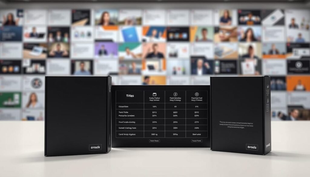 A sleek and modern digital product package design showcasing a pricing strategy. The foreground features a trio of minimalist product boxes with clean lines, subtle gradients, and minimalist iconography. The middle ground displays a neatly organized product pricing table, with different subscription tiers and corresponding benefits. In the background, a blurred grid of product screenshots and testimonials creates a sense of depth and professionalism. The overall lighting is soft and evenly diffused, creating a high-end, digital product branding aesthetic. The camera angle is slightly elevated, giving the viewer an authoritative perspective on the pricing strategy presentation.