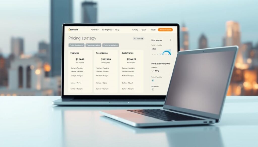 A sleek, minimalist digital interface showcasing an online pricing strategy for a software product. In the foreground, a clean dashboard displays different pricing tiers and feature breakdowns, bathed in a warm, inviting glow. The middle ground features a laptop screen displaying product development metrics and customer analytics, all rendered in a crisp, high-resolution 3D environment. The background is a softly blurred, out-of-focus cityscape, hinting at the global reach and scalability of the digital product. The overall mood is one of professionalism, user-friendliness, and a data-driven approach to crafting an effective pricing model.