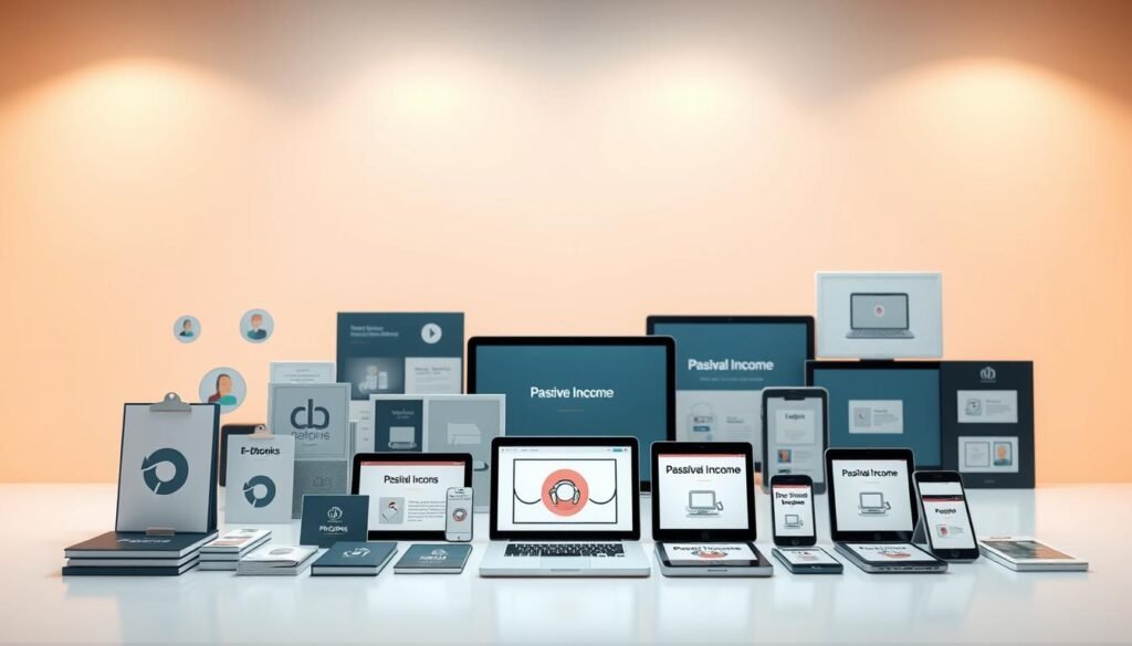 A sleek, minimalist display of digital product icons and illustrations, bathed in a soft, warm lighting. The foreground features a collection of app logos, e-books, and digital templates, neatly arranged with a sense of order and professionalism. The middle ground showcases various digital product mockups, such as laptop screens, mobile devices, and tablets, all showcasing the versatility and adaptability of these passive income streams. The background subtly fades into a blurred, gradient-based environment, creating a sense of depth and emphasizing the focus on the digital products themselves. The overall mood is one of simplicity, sophistication, and the promise of passive income opportunities.