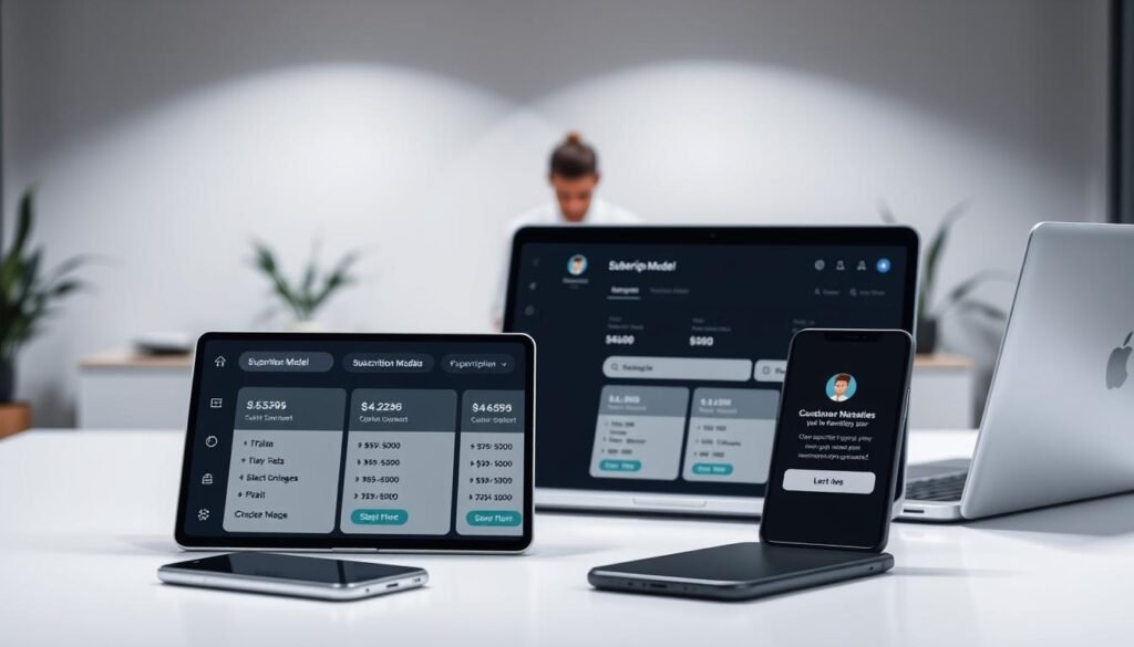 A sleek, minimalist office setting with a desk, laptop, and smartphone prominently displayed. In the foreground, a subscription model interface with various plan options and pricing tiers, highlighting the flexibility and convenience of digital subscriptions. The middle ground features a customer avatar interacting with the subscription model, conveying the user-friendly experience. The background showcases a modern, well-lit workspace with clean lines and a muted color palette, emphasizing the professional and technology-driven nature of the scene. Soft, directional lighting casts subtle shadows, creating depth and a sense of depth-of-field. The overall composition suggests the integral role of subscription models in the future of online businesses and the seamless integration of digital products and services. A sleek, minimalist office setting with a desk, laptop, and smartphone prominently displayed. In the foreground, a subscription model interface with various plan options and pricing tiers, highlighting the flexibility and convenience of digital subscriptions. The middle ground features a customer avatar interacting with the subscription model, conveying the user-friendly experience. The background showcases a modern, well-lit workspace with clean lines and a muted color palette, emphasizing the professional and technology-driven nature of the scene. Soft, directional lighting casts subtle shadows, creating depth and a sense of depth-of-field. The overall composition suggests the integral role of subscription models in the future of online businesses and the seamless integration of digital products and services.