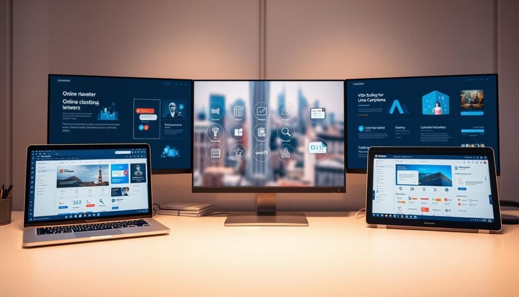 A sleek, minimalist workspace with multiple screens displaying various online course platform interfaces. In the foreground, a laptop and tablet showcasing course management tools and user dashboards. The middle ground features abstract icons and infographics representing key platform features like video hosting, quiz builders, and certification management. The background has a soft, blurred cityscape, conveying a sense of modern, connected education. Warm, balanced lighting illuminates the scene, creating a professional, inviting atmosphere. Captured with a wide-angle lens to emphasize the breadth of functionalities available in leading online course platforms. A sleek, minimalist workspace with multiple screens displaying various online course platform interfaces. In the foreground, a laptop and tablet showcasing course management tools and user dashboards. The middle ground features abstract icons and infographics representing key platform features like video hosting, quiz builders, and certification management. The background has a soft, blurred cityscape, conveying a sense of modern, connected education. Warm, balanced lighting illuminates the scene, creating a professional, inviting atmosphere. Captured with a wide-angle lens to emphasize the breadth of functionalities available in leading online course platforms.