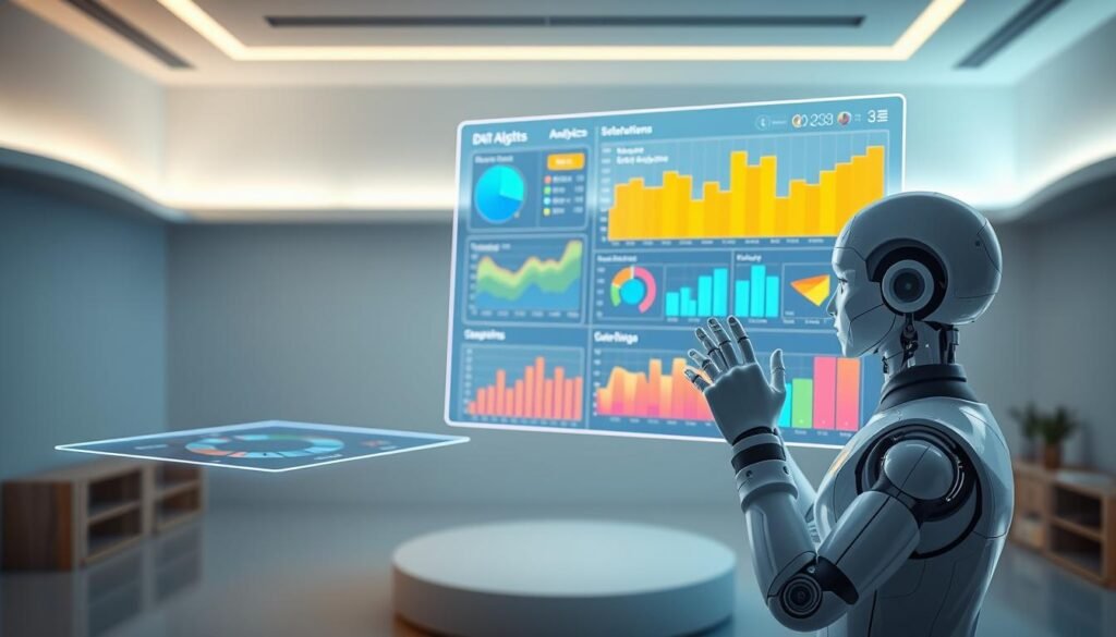 A sleek, modern data analytics dashboard floats in a virtual 3D space, its colorful charts and graphs projected onto holographic displays. In the foreground, an AI assistant interacts with the data, manipulating the visualizations with smooth hand gestures. The background features a serene, minimalist setting with soft lighting, hinting at an AI-powered online learning environment. The scene conveys the integration of advanced data analytics into AI-driven educational platforms, supporting personalized learning and insights for students. A sleek, modern data analytics dashboard floats in a virtual 3D space, its colorful charts and graphs projected onto holographic displays. In the foreground, an AI assistant interacts with the data, manipulating the visualizations with smooth hand gestures. The background features a serene, minimalist setting with soft lighting, hinting at an AI-powered online learning environment. The scene conveys the integration of advanced data analytics into AI-driven educational platforms, supporting personalized learning and insights for students.