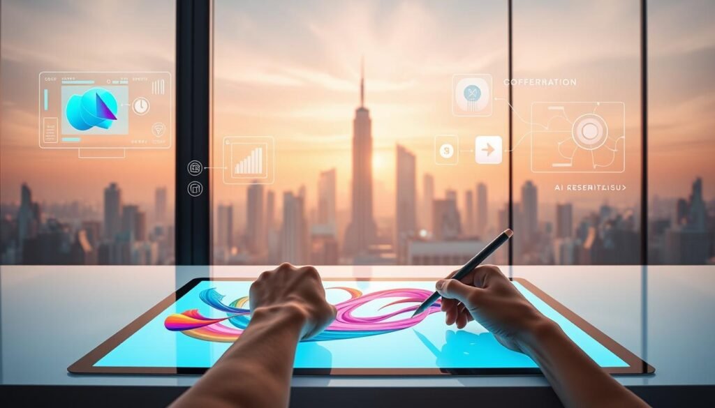 A sleek, modern digital workspace with a stylish, minimalist design. In the foreground, a designer's hands manipulating a digital tablet, creating vibrant, flowing shapes and brushstrokes. In the middle ground, holographic interfaces and AI-powered design tools float ethereally, guiding the creative process. The background is a serene, futuristic city skyline, bathed in warm, diffused lighting. The overall atmosphere is one of effortless creativity, where human ingenuity and AI-driven innovation seamlessly converge to enhance the digital product design experience.