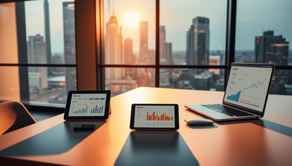 A sleek, modern office interior with warm, directional lighting casting shadows across a minimalist desk. On the desk, various digital devices - a tablet, smartphone, and laptop - displaying subscription plans, charts, and graphs. In the background, a large window overlooking a bustling cityscape, highlighting the digital, connected nature of subscription-based products. The overall scene conveys a sense of productivity, innovation, and the growing prevalence of subscription models in the digital age.