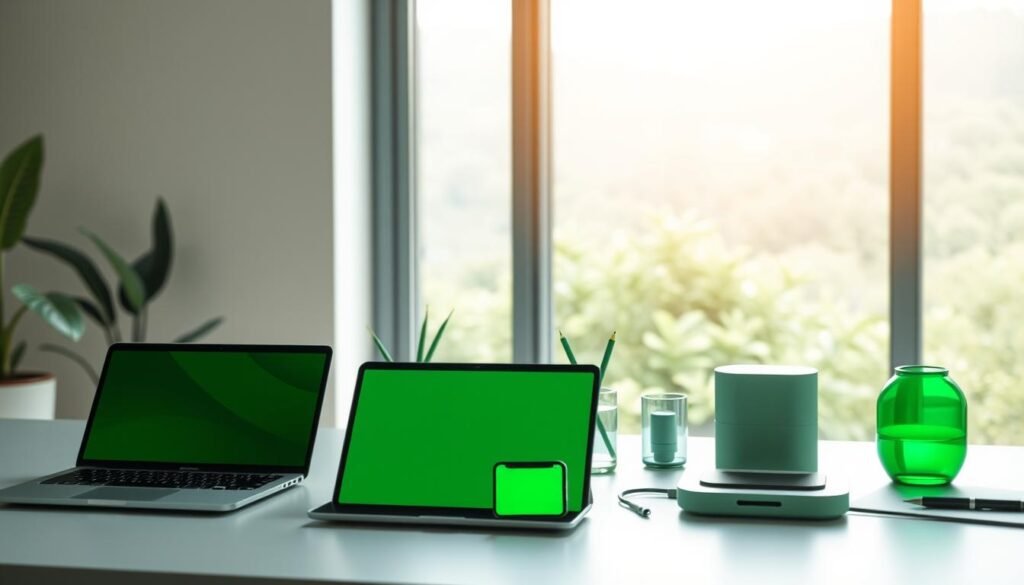 A sleek, modern workspace with a minimalist aesthetic. In the foreground, an array of eco-friendly electronic devices in various shades of green, including a laptop, tablet, and smartphone, their screens casting a soft, ambient glow. The middle ground features stylish, sustainable office accessories like a pen holder and a wireless charging station, all in a cohesive green color palette. In the background, a large window overlooking a lush, verdant landscape, bathed in soft, natural lighting that accentuates the environmentally-conscious nature of the scene. The overall mood is one of calm, efficiency, and a commitment to sustainable technology.