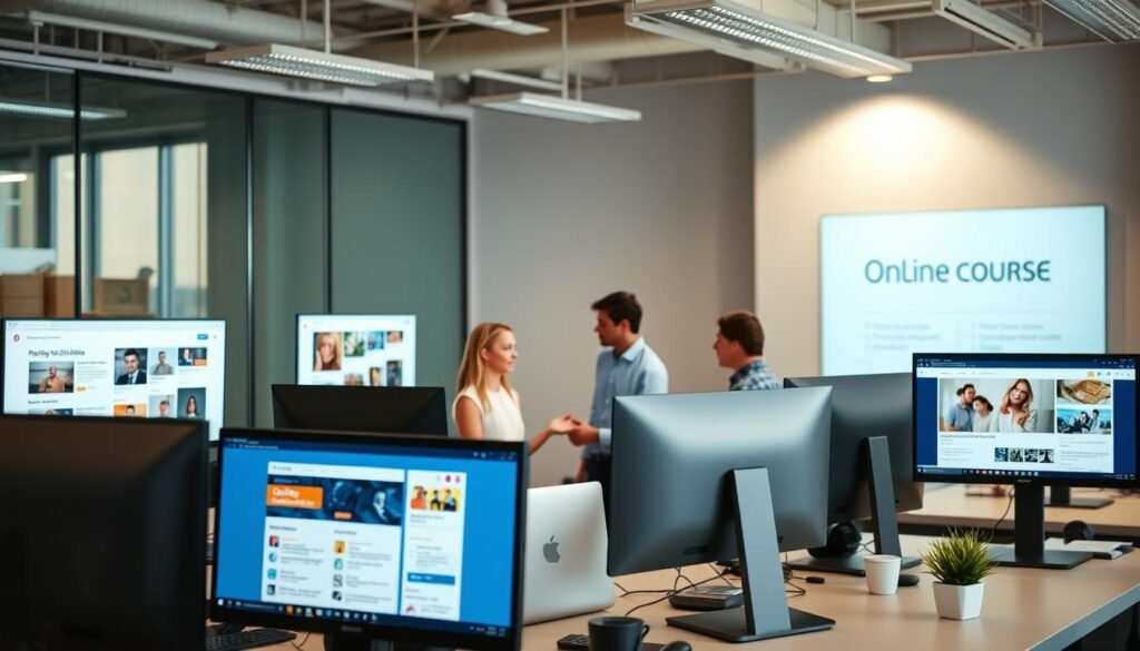 A spacious, well-lit office setting with several computer screens displaying various online course platforms. The foreground features a thoughtfully designed user interface with intuitive navigation, clear course listings, and engaging multimedia content. In the middle ground, professionals interact with the platforms, gesturing and collaborating. The background showcases a sleek, modern aesthetic with tasteful branding and subtle details that reinforce the educational theme. Soft, directional lighting accentuates the scene, creating a sense of focus and professionalism. The overall atmosphere conveys a seamless, user-friendly experience for exploring and comparing online learning solutions. A spacious, well-lit office setting with several computer screens displaying various online course platforms. The foreground features a thoughtfully designed user interface with intuitive navigation, clear course listings, and engaging multimedia content. In the middle ground, professionals interact with the platforms, gesturing and collaborating. The background showcases a sleek, modern aesthetic with tasteful branding and subtle details that reinforce the educational theme. Soft, directional lighting accentuates the scene, creating a sense of focus and professionalism. The overall atmosphere conveys a seamless, user-friendly experience for exploring and comparing online learning solutions.