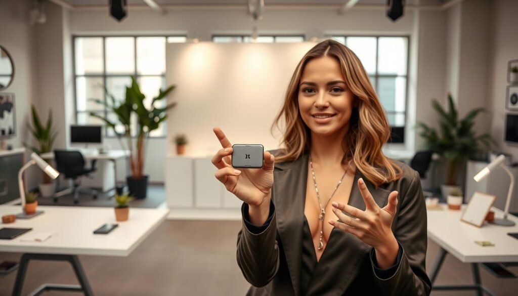 A studio scene showcasing influencer marketing for mini tech products. In the foreground, a stylish influencer holding a small, sleek gadget in their hand, gesturing animatedly as if demonstrating its features. The middle ground features a minimalist backdrop with subtle product displays, creating a curated, aspirational environment. The background depicts a modern, well-lit workspace with tidy desks, potted plants, and a large window, conveying a sense of professionalism and success. The overall lighting is soft and diffused, highlighting the influencer and the product in a warm, inviting manner. The color palette is muted, with pops of metallic accents to reflect the tech-savvy nature of the scene.