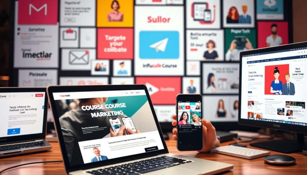 A vibrant and dynamic digital marketing scene, with an assortment of modern devices and screens showcasing course marketing strategies. In the foreground, a laptop displays a sleek course sales page, while a smartphone in the middle ground highlights social media engagement. The background features a collage of marketing tactics - email newsletters, targeted advertisements, and influencer collaborations, all bathed in a warm, inviting lighting. The overall scene conveys a sense of technological savvy and a multifaceted approach to effectively promoting an online course.
