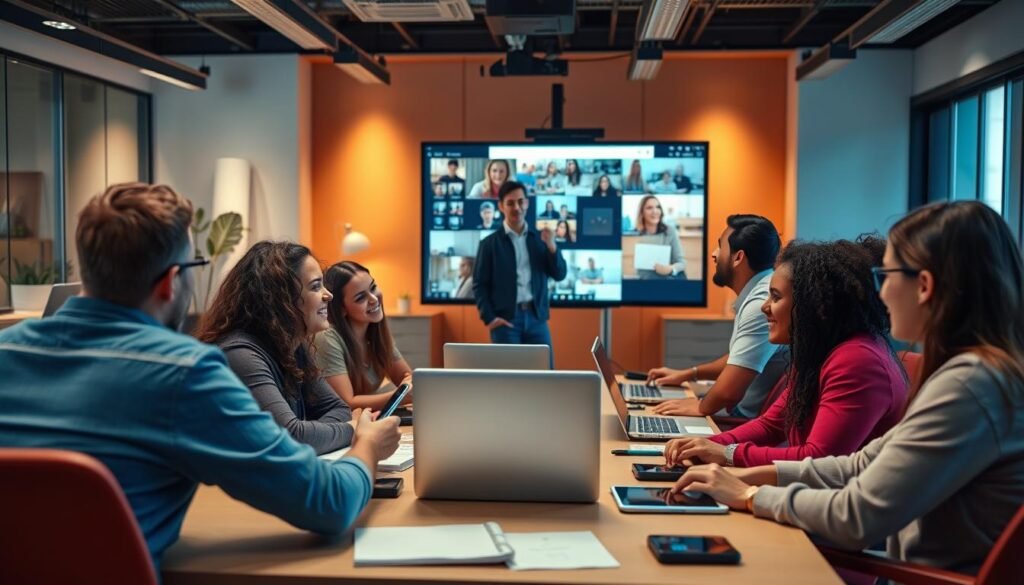 A vibrant and engaging online classroom setting, with a mix of digital devices and interactive learning materials. In the foreground, a group of diverse students actively engaged in a collaborative discussion, their expressions animated and focused. In the middle ground, a teacher or instructor guiding the session, using a large interactive whiteboard or presentation screen to display multimedia content. The background features a modern, well-lit workspace with sleek furniture and warm lighting, creating a stimulating and productive learning environment. The overall mood is one of energy, collaboration, and a sense of immersive, cutting-edge eLearning.