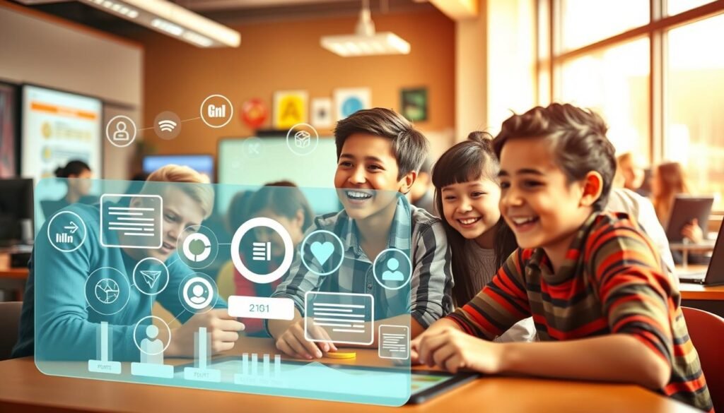 A vibrant and engaging scene depicting the key benefits of gamification in education. In the foreground, a group of students of diverse ages and backgrounds actively engaged in a game-based learning activity, their faces alight with excitement and concentration. In the middle ground, various gamification elements such as points, badges, and leaderboards are prominently displayed, illustrating the feedback and reward systems that enhance motivation and engagement. The background features a modern, technology-infused classroom setting with interactive whiteboards, laptops, and other educational tools, all bathed in warm, natural lighting that creates a welcoming and energetic atmosphere. The overall composition conveys the powerful impact of incorporating gamification techniques to foster a more dynamic and effective learning environment.