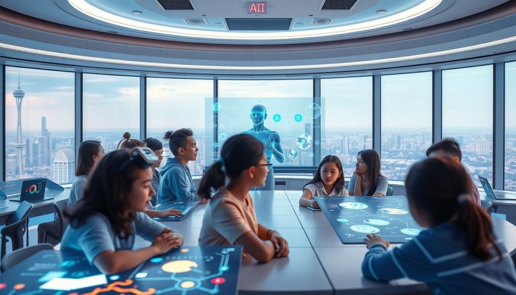 A vibrant and immersive classroom scene showcasing the integration of AI technology in education. In the foreground, a group of diverse students collaborate on interactive displays, their faces alight with curiosity and engaged learning. In the middle ground, a holographic AI tutor guides the lesson, projecting dynamic visuals and providing personalized feedback. The background depicts a futuristic, technologically-advanced learning environment, with intelligent ambient lighting, seamless virtual reality integration, and panoramic windows overlooking a sprawling cityscape. The overall atmosphere is one of boundless possibility, where the synergy of AI and education unlocks new realms of discovery and intellectual growth. A vibrant and immersive classroom scene showcasing the integration of AI technology in education. In the foreground, a group of diverse students collaborate on interactive displays, their faces alight with curiosity and engaged learning. In the middle ground, a holographic AI tutor guides the lesson, projecting dynamic visuals and providing personalized feedback. The background depicts a futuristic, technologically-advanced learning environment, with intelligent ambient lighting, seamless virtual reality integration, and panoramic windows overlooking a sprawling cityscape. The overall atmosphere is one of boundless possibility, where the synergy of AI and education unlocks new realms of discovery and intellectual growth.