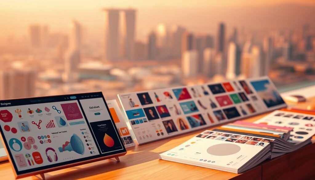 A vibrant, design-focused digital marketplace featuring a sleek, minimalist interface. In the foreground, an array of creative assets - vector illustrations, graphic templates, and UI kits - are neatly displayed against a warm, neutral background. The middle ground showcases various user-created product thumbnails, highlighting the diverse range of digital goods available. The background features a blurred cityscape, hinting at the global community of designers and creators powering this platform. Warm, directional lighting casts subtle shadows, emphasizing the tactile, artisanal nature of the digital products. A crisp, high-resolution rendering captures the platform's refined aesthetic and curated creative offerings.