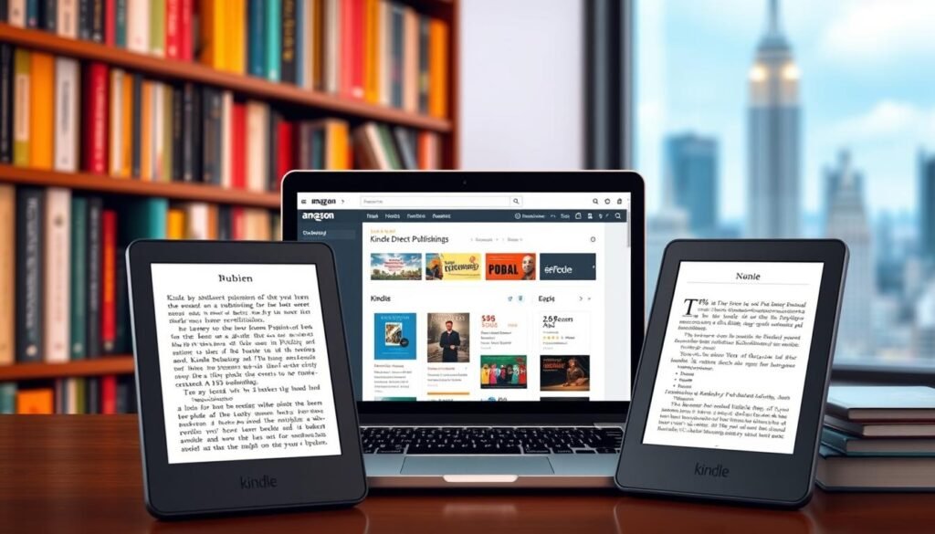 A vibrant digital bookshelf with sleek, modern Kindle e-readers in the foreground, showcasing their minimalist design and high-resolution displays. In the middle ground, a laptop screen displays the Kindle Direct Publishing dashboard, highlighting the intuitive publishing tools and analytics. The background features a blurred cityscape, hinting at the global reach and opportunities of this self-publishing platform. The overall scene conveys a sense of creativity, empowerment, and the seamless integration of technology in the modern publishing landscape.