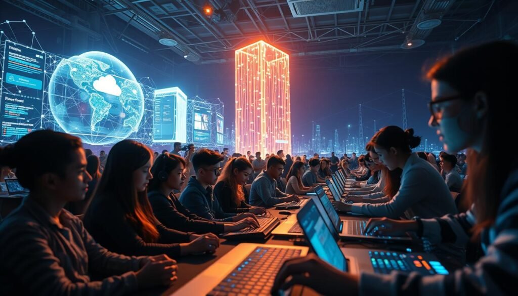 A vibrant digital landscape, illuminated by the glow of coding interfaces and data visualizations. In the foreground, a diverse group of individuals, hands nimble on keyboards, immersed in the creation of innovative software solutions. In the middle ground, towering holographic projections showcase emerging trends in AI, machine learning, and cloud computing, casting a futuristic sheen over the scene. The background is a tapestry of interconnected networks, pulsing with the energy of global connectivity, hinting at the boundless possibilities of the digital age. Soft, directional lighting casts dramatic shadows, imbuing the image with a sense of depth and dynamism. Captured with a wide-angle lens, the composition emphasizes the collaborative, technology-driven nature of modern education and the exciting future it holds. A vibrant digital landscape, illuminated by the glow of coding interfaces and data visualizations. In the foreground, a diverse group of individuals, hands nimble on keyboards, immersed in the creation of innovative software solutions. In the middle ground, towering holographic projections showcase emerging trends in AI, machine learning, and cloud computing, casting a futuristic sheen over the scene. The background is a tapestry of interconnected networks, pulsing with the energy of global connectivity, hinting at the boundless possibilities of the digital age. Soft, directional lighting casts dramatic shadows, imbuing the image with a sense of depth and dynamism. Captured with a wide-angle lens, the composition emphasizes the collaborative, technology-driven nature of modern education and the exciting future it holds.