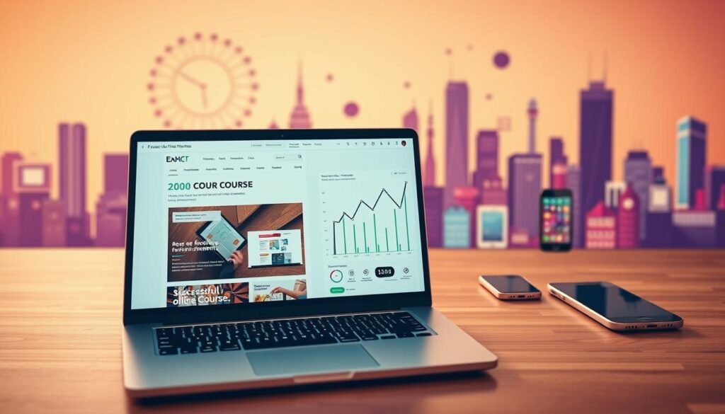 A vibrant digital landscape showcasing the power of online course marketing. In the foreground, a sleek laptop displays a captivating course website, its design elements and visuals drawing the viewer in. The middle ground features a stylized graph or infographic illustrating the metrics and analytics of a successful digital marketing campaign. In the background, a seamless blend of digital devices, including smartphones and tablets, symbolizes the multi-channel approach to course promotion. Warm, diffused lighting sets a professional and engaging tone, while the composition emphasizes the integration of content, analytics, and cross-platform marketing strategies.