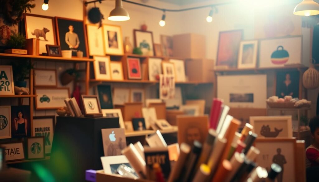 A vibrant digital marketplace, Etsy shines with a creative atmosphere. In the foreground, an array of unique digital products, from art prints to crafted templates, catch the eye. The middle ground showcases an intuitive user interface, with clean typography and seamless navigation. In the background, a warm, inviting color palette and soft lighting create a cozy, inspirational ambiance. Lens flare gently illuminates the scene, evoking a sense of endless possibilities for digital artisans. This image captures the essence of Etsy as a platform that celebrates the talents of creative individuals, empowering them to share their digital masterpieces with the world.