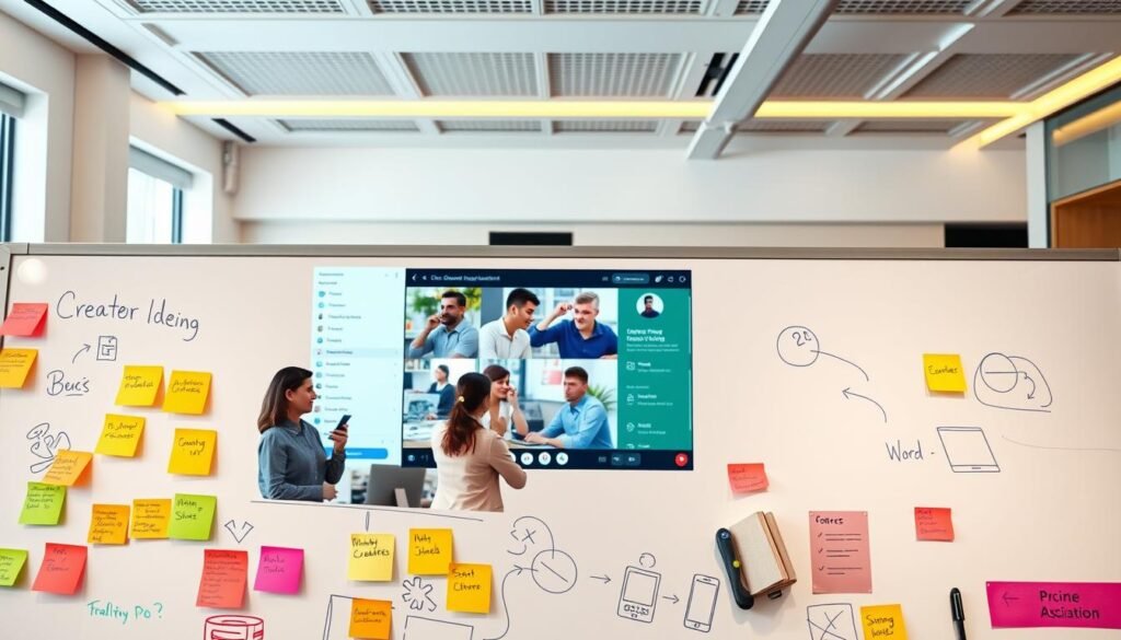 A vibrant digital workspace with an array of collaborative tools. In the foreground, an intuitive whiteboard interface allows creators to ideate and brainstorm, with colorful sticky notes and sketches. In the middle ground, a video conferencing window showcases creators engaged in a lively discussion, surrounded by productivity apps and file-sharing menus. The background depicts a sleek, modern design with clean lines, warm lighting, and a sense of community. The overall atmosphere conveys a seamless, well-integrated ecosystem of tools that empower creators to connect, communicate, and co-create with ease.